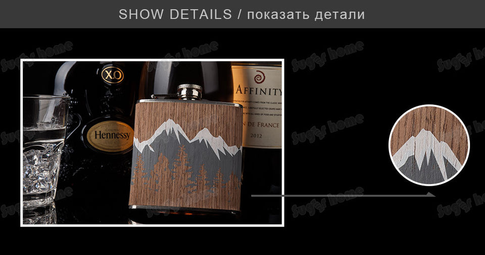 Hot selling 6oz wooden wrapped 304# stainless steel hip flask Alcohol Bottle