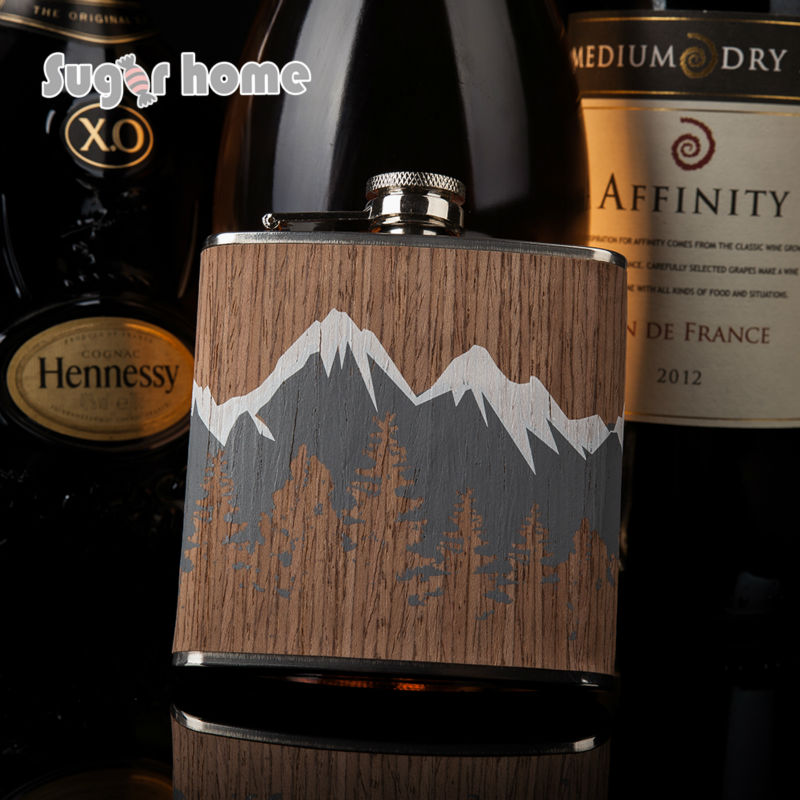 Hot selling 6oz wooden wrapped 304# stainless steel hip flask Alcohol Bottle
