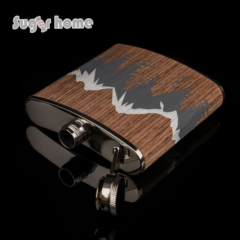 Hot selling 6oz wooden wrapped 304# stainless steel hip flask Alcohol Bottle